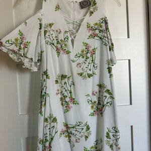 Floral White Dress with Green and Pink Accents